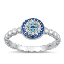 Load image into Gallery viewer, Sterling Silver Rhodium Plated Round Evil Eye Blue And Clear CZ Ring Face Height-8.2mm