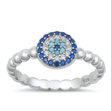 Sterling Silver Rhodium Plated Round Evil Eye Blue And Clear CZ Ring Face Height-8.2mm