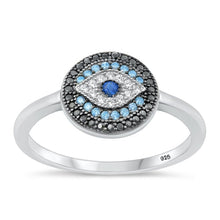 Load image into Gallery viewer, Sterling Silver Rhodium Plated Round Evil Eye Black, Blue And Clear CZ Ring Face Height-1mm