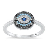 Sterling Silver Rhodium Plated Round Evil Eye Black, Blue And Clear CZ Ring Face Height-1mm