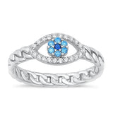 Sterling Silver Rhodium Plated Evil Eye Clear And Blue CZ Ring Face Height-7.1mm
