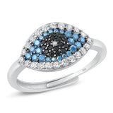 Sterling Silver Rhodium Plated Evil Eye Clear, Blue And Black CZ Ring Face Height-10.6mm