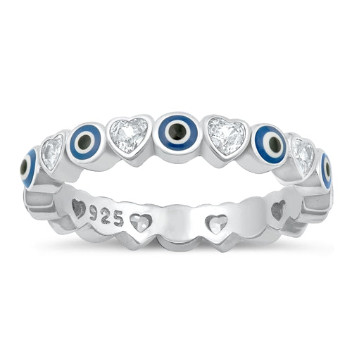 Sterling Silver Rhodium Plated Evil Eye And Heart Clear CZ Ring Face Height-3.5mm