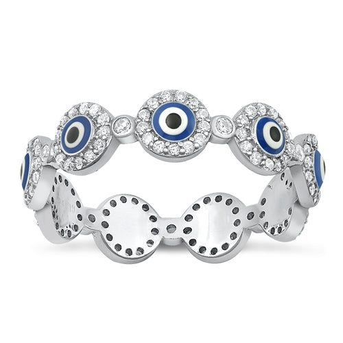 Sterling Silver Rhodium Plated Evil Eye Clear CZ Ring Face Height-5.4mm