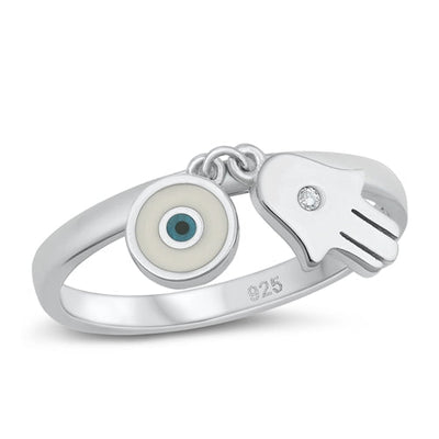 Sterling Silver Rhodium Plated Evil Eye And Hamsa Clear CZ Ring Face Height-9.1mm