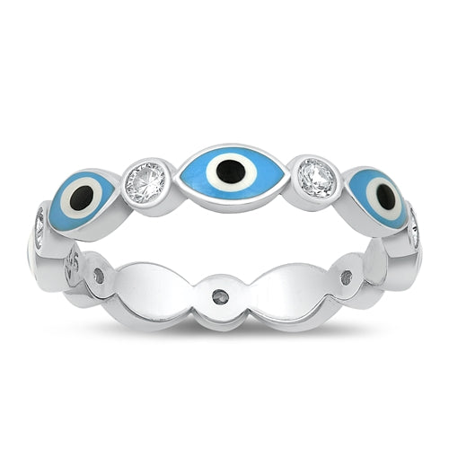 Sterling Silver Rhodium Plated Evil Eye Clear CZ Ring Face Height-3.6mm