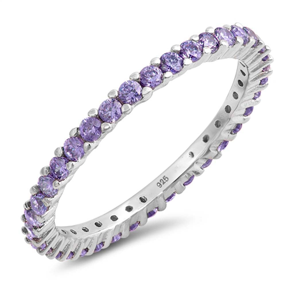 Sterling Silver Stackable Ring with Amethyst CZ on Half-Bezel Setting with Rhodium FinishAnd Band Width 2MM