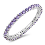 Sterling Silver Classy Stackable Ring with Amethyst Simulated Crystals on Half-Bezel Setting with Rhodium FinishAnd Band Width 2MM