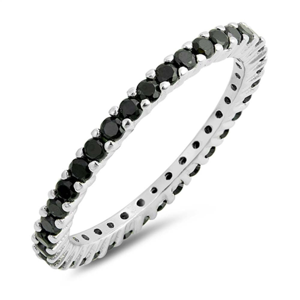 Sterling Silver Stackable Ring with Black CZ on Half-Bezel Setting with Rhodium Finish, Band Width 2MM