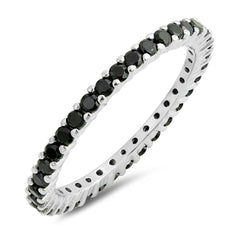 Sterling Silver Classy Stackable Ring with Black Simulated Crystals on Half-Bezel Setting with Rhodium FinishAnd Band Width 2MM
