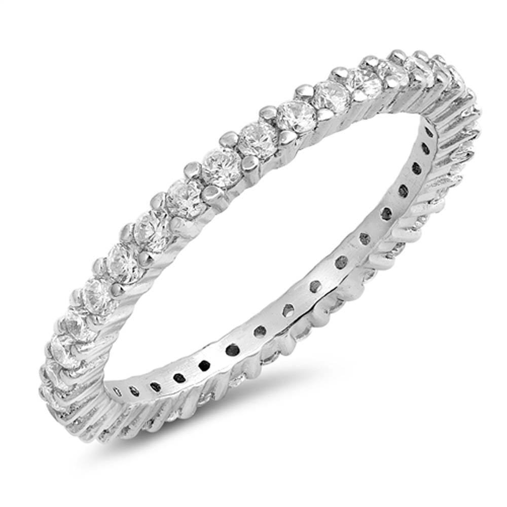 Sterling Silver Stackable Ring with Clear Simulated Crystals on Half-Bezel Setting with Rhodium FinishAnd Band Width 2MM