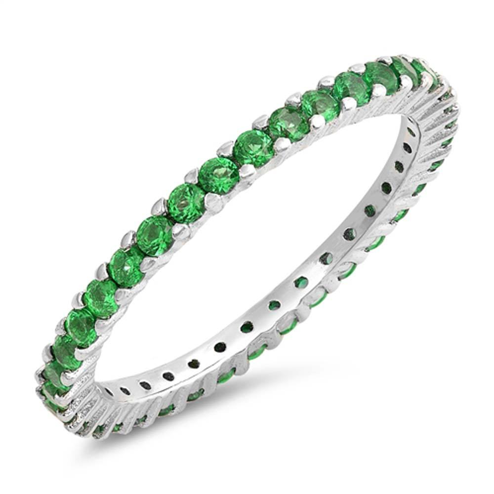 Sterling Silver Stackable Ring with Emerald CZ on Half-Bezel Setting with Rhodium Finish, Band Width 2MM