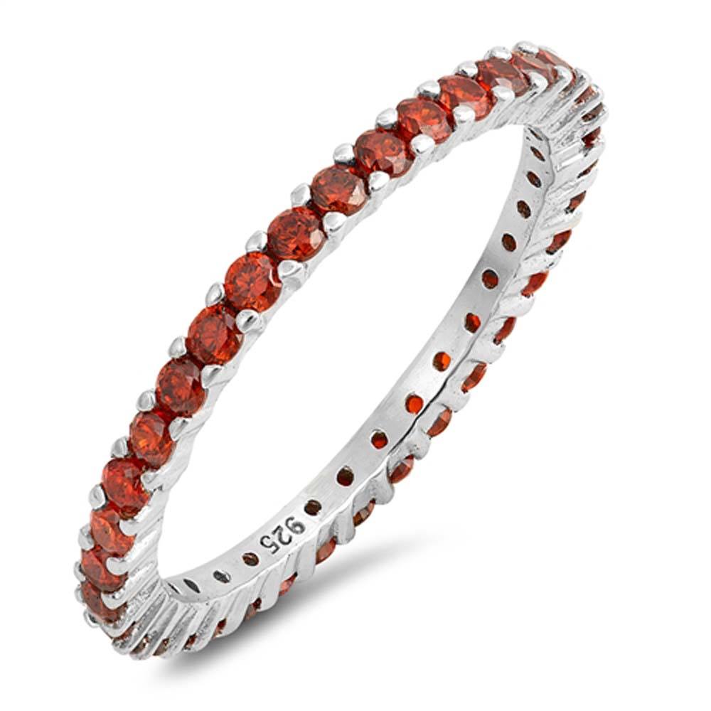 Sterling Silver Rhodium Plated Round Garnet Wedding Band Shaped Clear CZ RingAnd Band Width 2mm