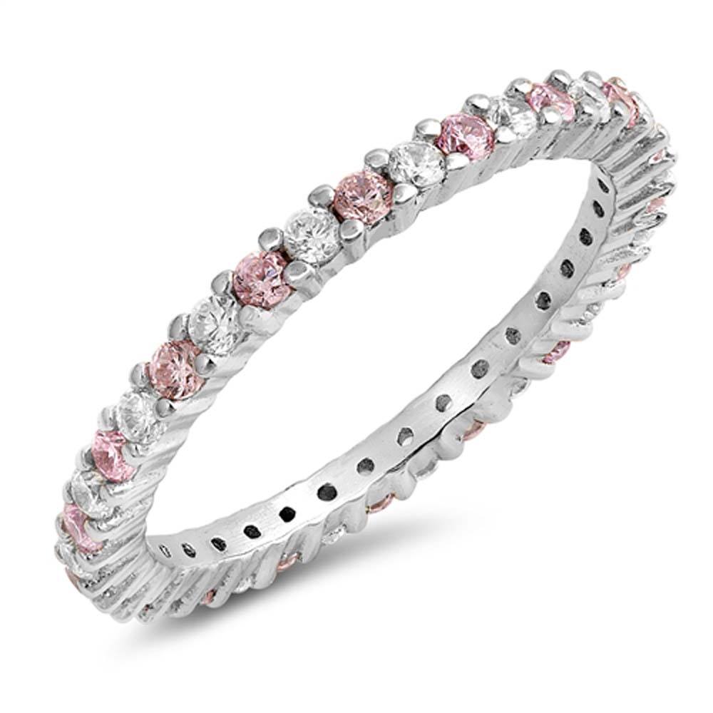 Sterling Silver Classy Stackable Ring with Pink/Clear Multi Simulated Crystals on Half-Bezel Setting with Rhodium FinishAnd Band Width 2MM