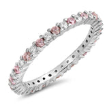 Sterling Silver Classy Stackable Ring with Pink/Clear Multi Simulated Crystals on Half-Bezel Setting with Rhodium FinishAnd Band Width 2MM