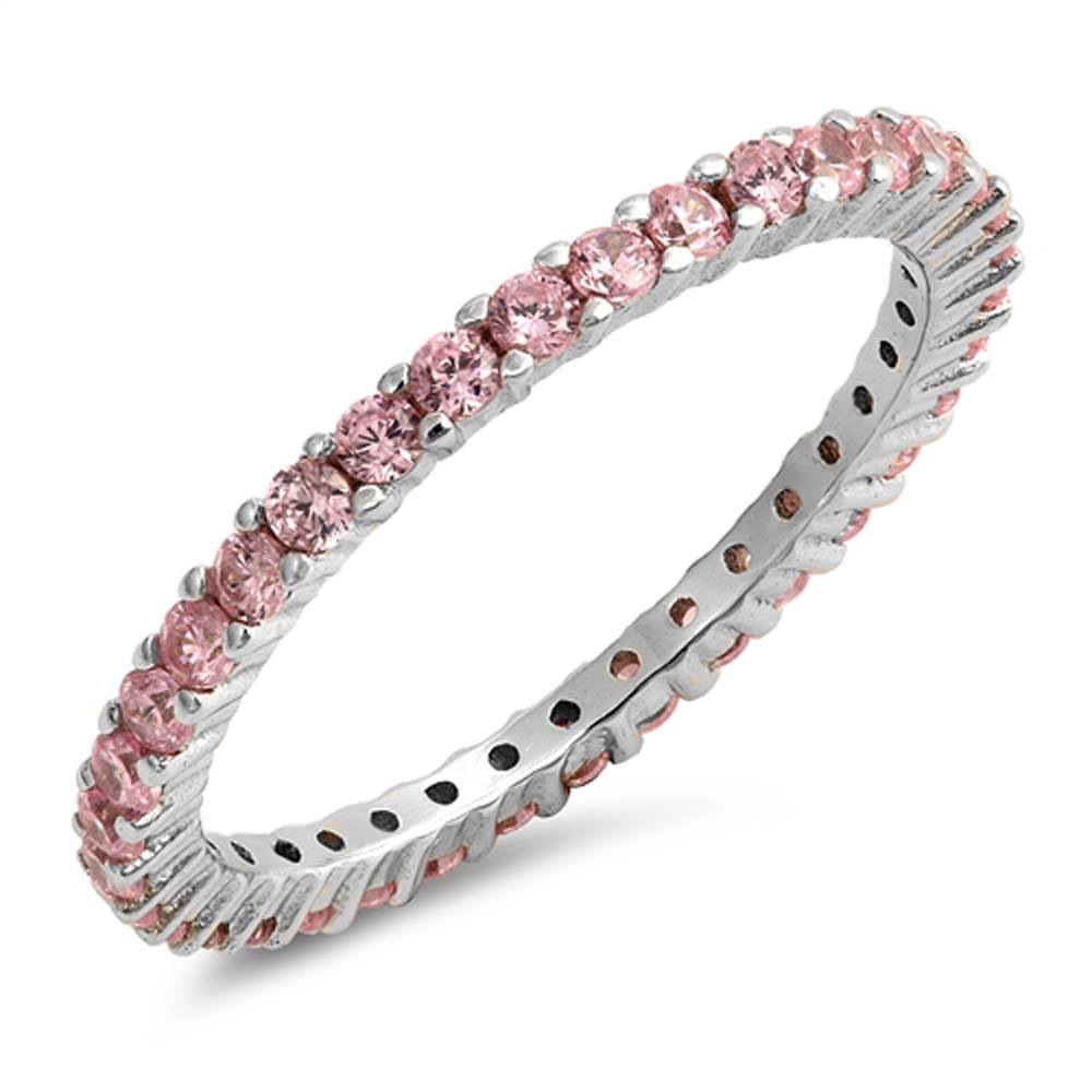 Sterling Silver Stackable Ring with Pink CZ on Half-Bezel Setting with Rhodium Finish, Band Width 2MM