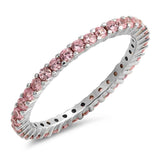 Sterling Silver Classy Stackable Ring with Pink Simulated Crystals on Half-Bezel Setting with Rhodium FinishAnd Band Width 2MM