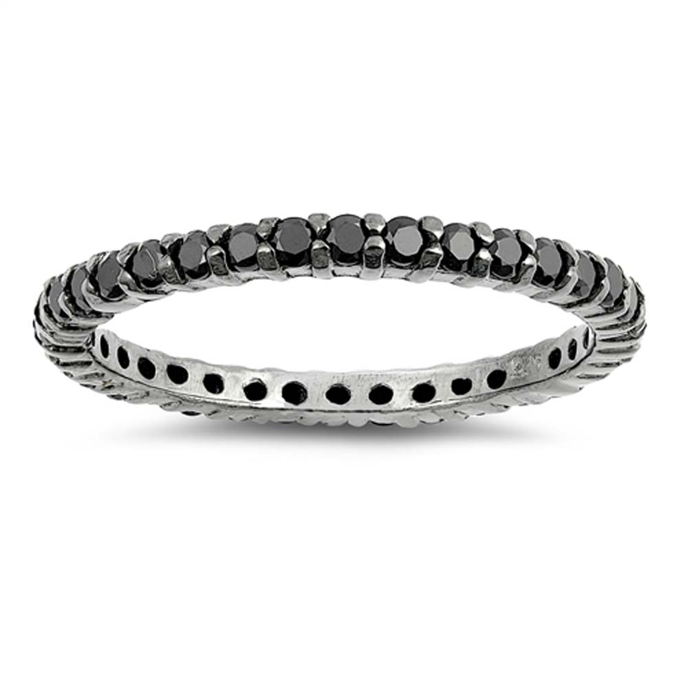 Sterling Silver Black Plated Stackable Ring with Black Simulated Crystals on Half-Bezel Setting with Rhodium FinishAnd Band Width 2MM