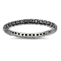Sterling Silver Black Plated Stackable Ring with Black Simulated Crystals on Half-Bezel Setting with Rhodium FinishAnd Band Width 2MM