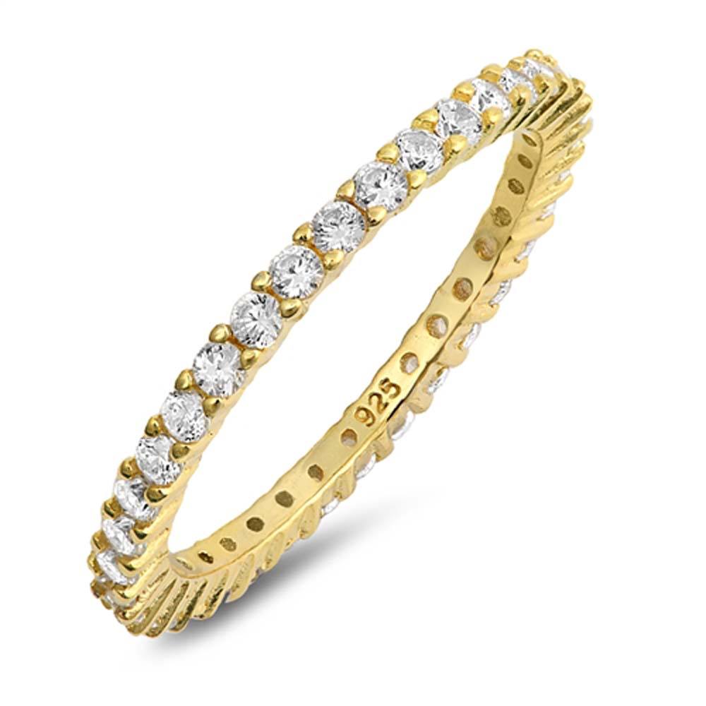 Sterling Silver Yellow Gold Plated Stackable Ring with Clear Simulated Crystals on Half-Bezel Setting with Rhodium FinishAnd Band Width 2MM