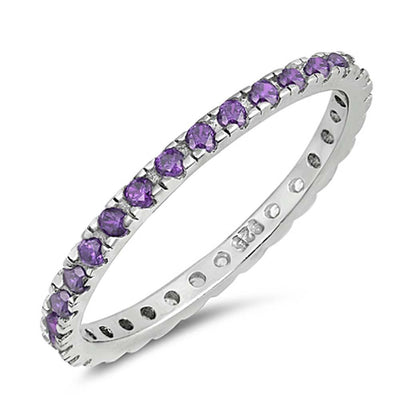 Sterling Silver Rhodium Plated Round Amethyst Wedding Band Shaped Clear CZ RingAnd Band Width 2mm