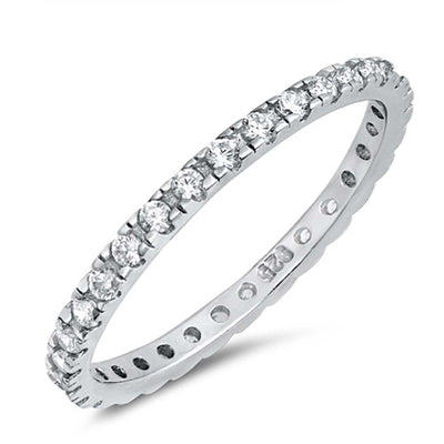 Sterling Silver Classy Stackable Ring with Clear Simulated Crystals on Square Half-Bezel Setting with Rhodium FinishAnd Band Width 2MM