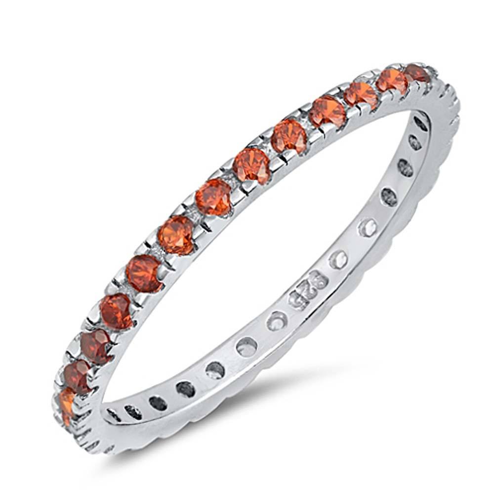 Sterling Silver Rhodium Plated Round Garnet Eternity CZ Ring, Band Width 2mm