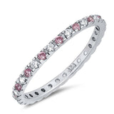 Sterling Silver Rhodium Plated Round Pink Wedding Band Shaped Clear CZ RingAnd Band Width 2mm
