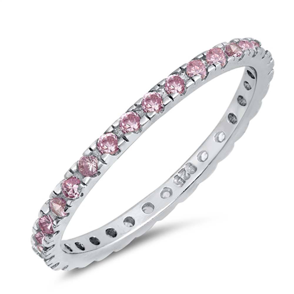 Sterling Silver Stackable Pink CZ on Square Half-Bezel Setting with Rhodium Finish, Band Width 2MM