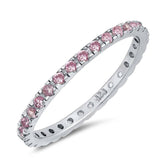 Sterling Silver Classy Stackable Ring with Pink Simulated Crystals on Square Half-Bezel Setting with Rhodium FinishAnd Band Width 2MM