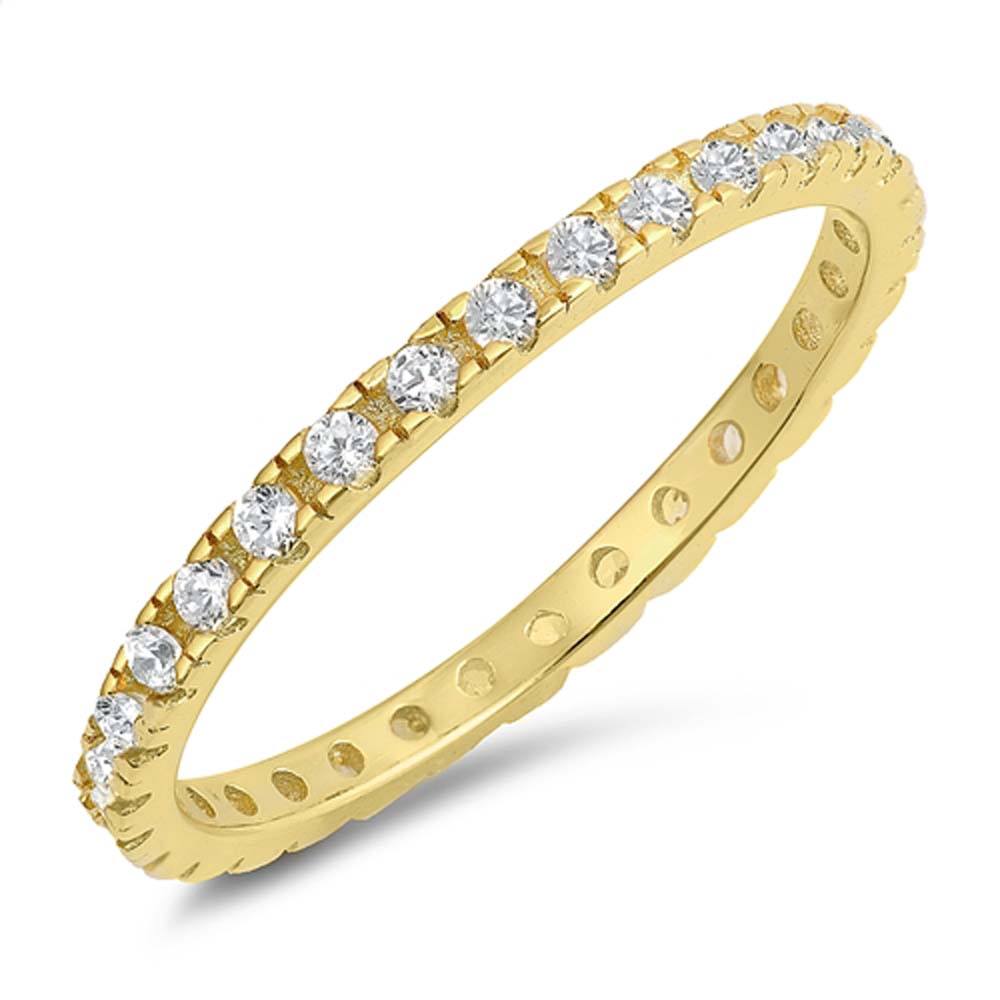 Sterling Silver Yellow Gold Plated Classy Stackable Ring with Clear Crystals on Square Half-Bezel Setting with Rhodium Finish, Band Width 2MM