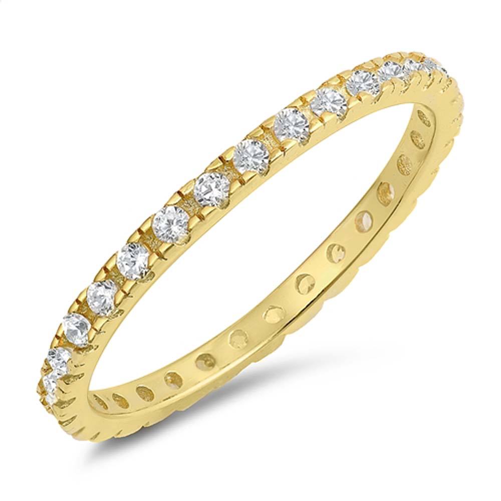 Sterling Silver Yellow Gold Plated Classy Stackable Ring with Clear Simulated Crystals on Square Half-Bezel Setting with Rhodium FinishAnd Band Width 2MM