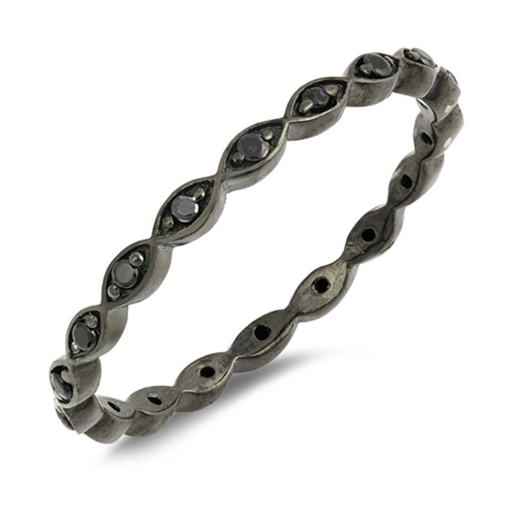 Sterling Silver Black Plated Fancy Stackable Multi Oval Design Ring with Black Simulated Crystals on Prong Setting with Rhodium FinishAnd Band Width 2MM