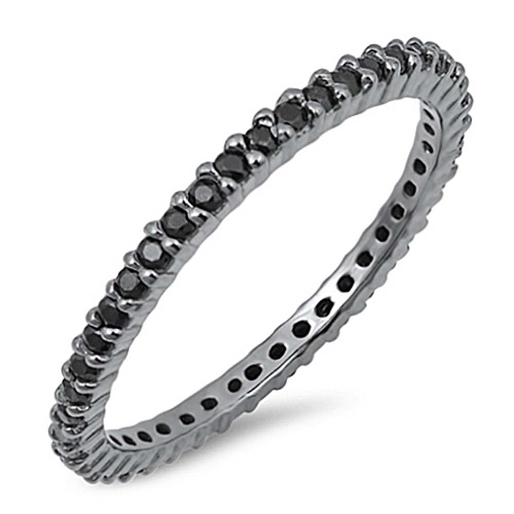 Sterling Silver Black Plated Stackable Ring with Black CZ on Square Half-Bezel Setting with Rhodium FinishAnd Band Width 1.5MM