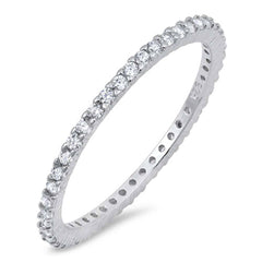 Sterling Silver Classy Stackable Ring with Clear Simulated Crystals on Square Half-Bezel Setting with Rhodium FinishAnd Band Width 1.5MM