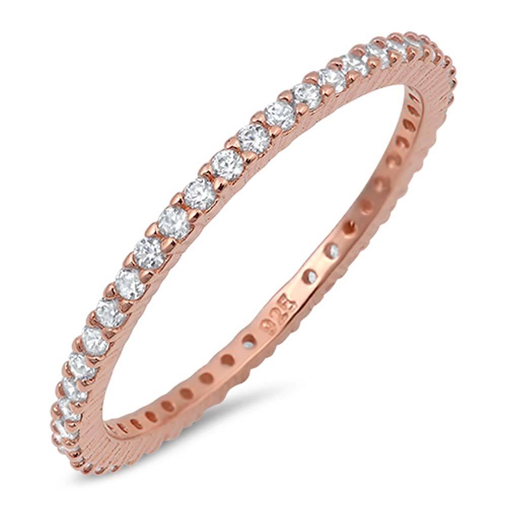 Sterling Silver Rose Gold Plated Stackable Ring with Clear CZ on Half-Bezel Setting with Rhodium FinishAnd Band Width 1.5MM