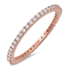 Sterling Silver Rose Gold Plated Classy Stackable Ring with Clear Simulated Crystals on Half-Bezel Setting with Rhodium FinishAnd Band Width 1.5MM