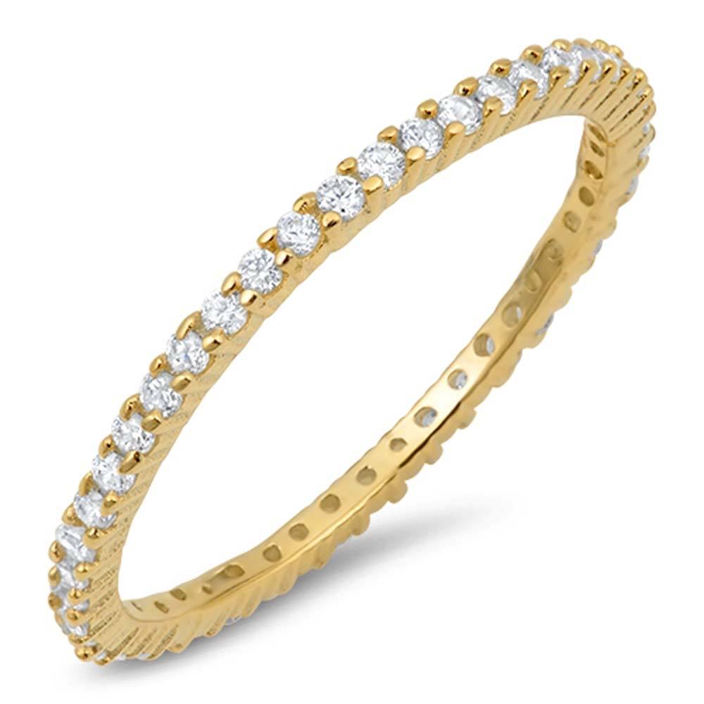 Sterling Silver Yellow Gold Plated Stackable Ring with Clear CZ on Half-Bezel Setting with Rhodium FinishAnd Band Width 1.5MM