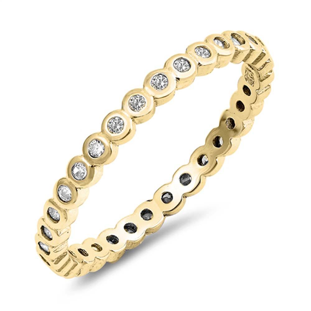 Sterling Silver Yellow Gold Plated Eternity Band Bezel Set Round Clear Cz Ring with Face Height of 2MM