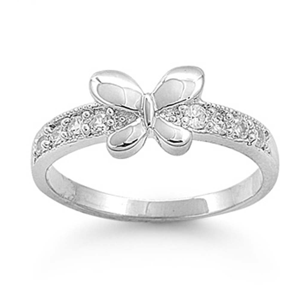 Sterling Silver Rhodium Plated Pave-Set Clear Cz Butterfly Ring with Ring face Height of 6MM