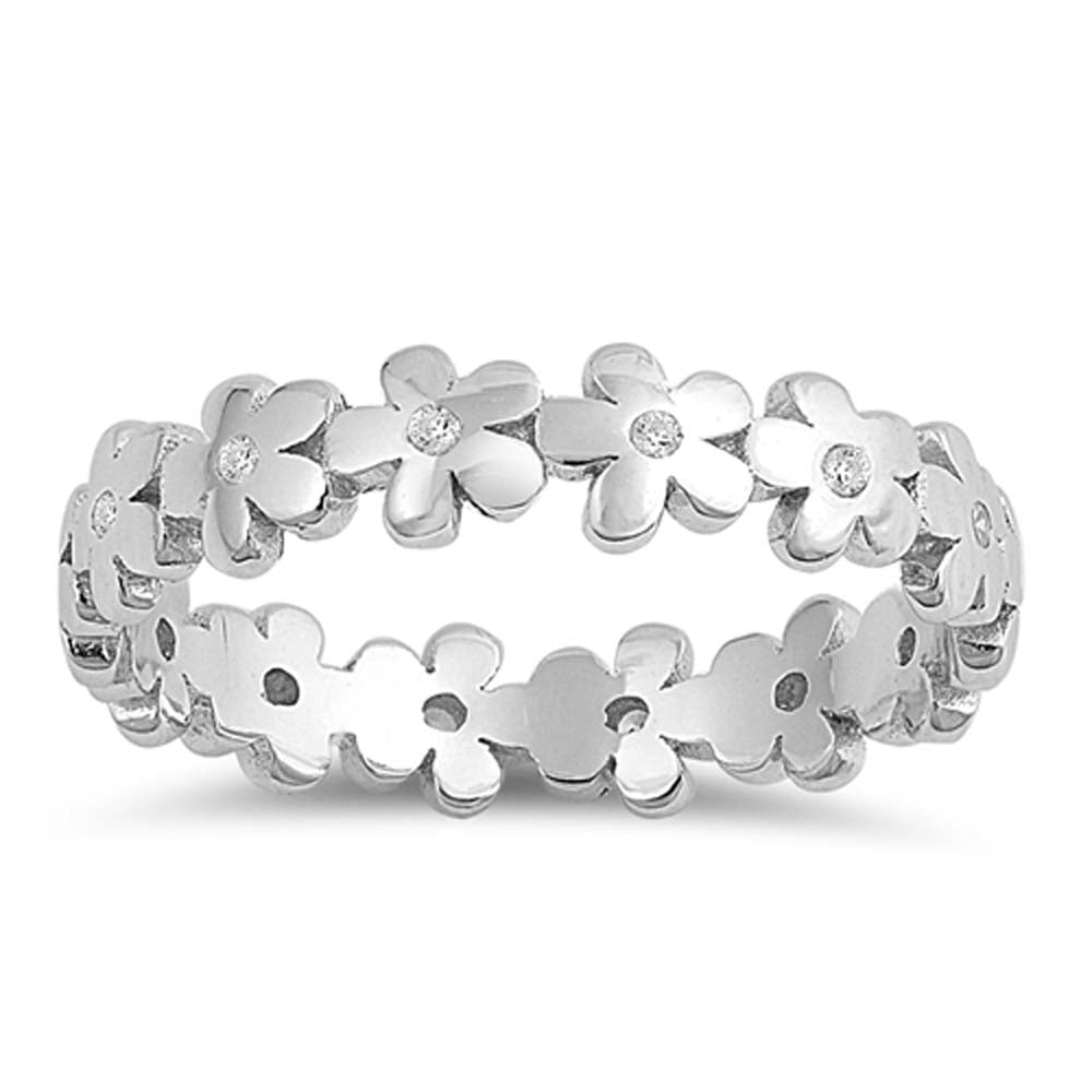 Sterling Silver Flowers Cubic Zirconia Ring