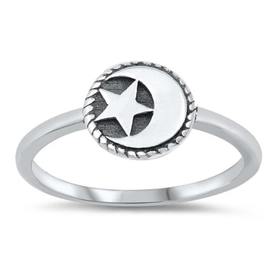 Sterling Silver Oxidized Moon And Star Ring