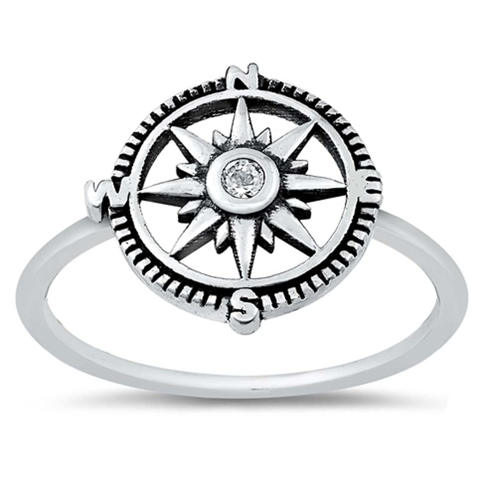 Sterling Silver Compass Shaped Cubic Zirconia Ring