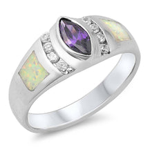 Load image into Gallery viewer, Sterling Silver Oval Shape Wedding Band White Lab Opal Rings With Amethyst CZAnd Face Height 9mm