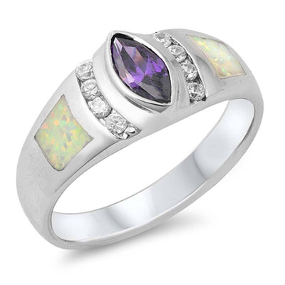 Sterling Silver Oval Shape Wedding Band White Lab Opal Rings With Amethyst CZAnd Face Height 9mm