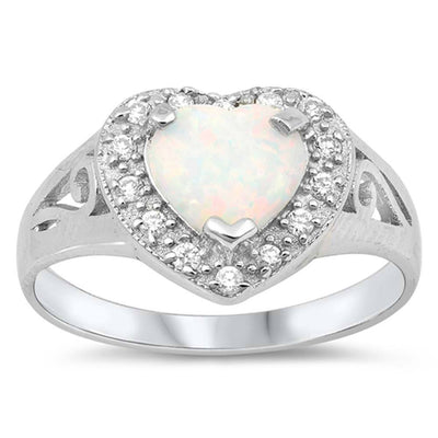 Sterling Silver Heart Shape Lab Opal Rings With CZ StonesAnd Face Width 14mm