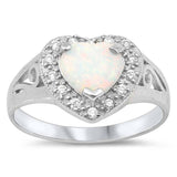 Sterling Silver Heart Shape Lab Opal Rings With CZ StonesAnd Face Width 14mm