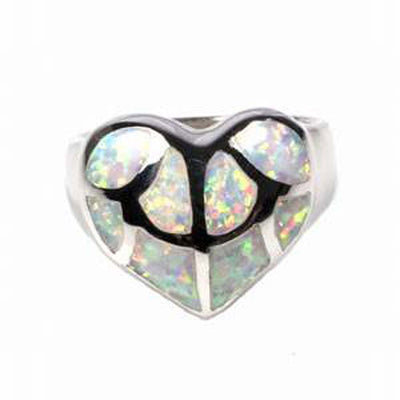 Sterling Silver Heart Shape White Lab Opal RingsAnd Face Height 15mmAnd Face Width 18mm