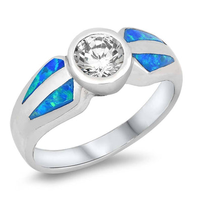 Sterling Silver Round Blue Lab Opal Rings With CZ StoneAnd Face Height 8mmAnd Face Width 20mm