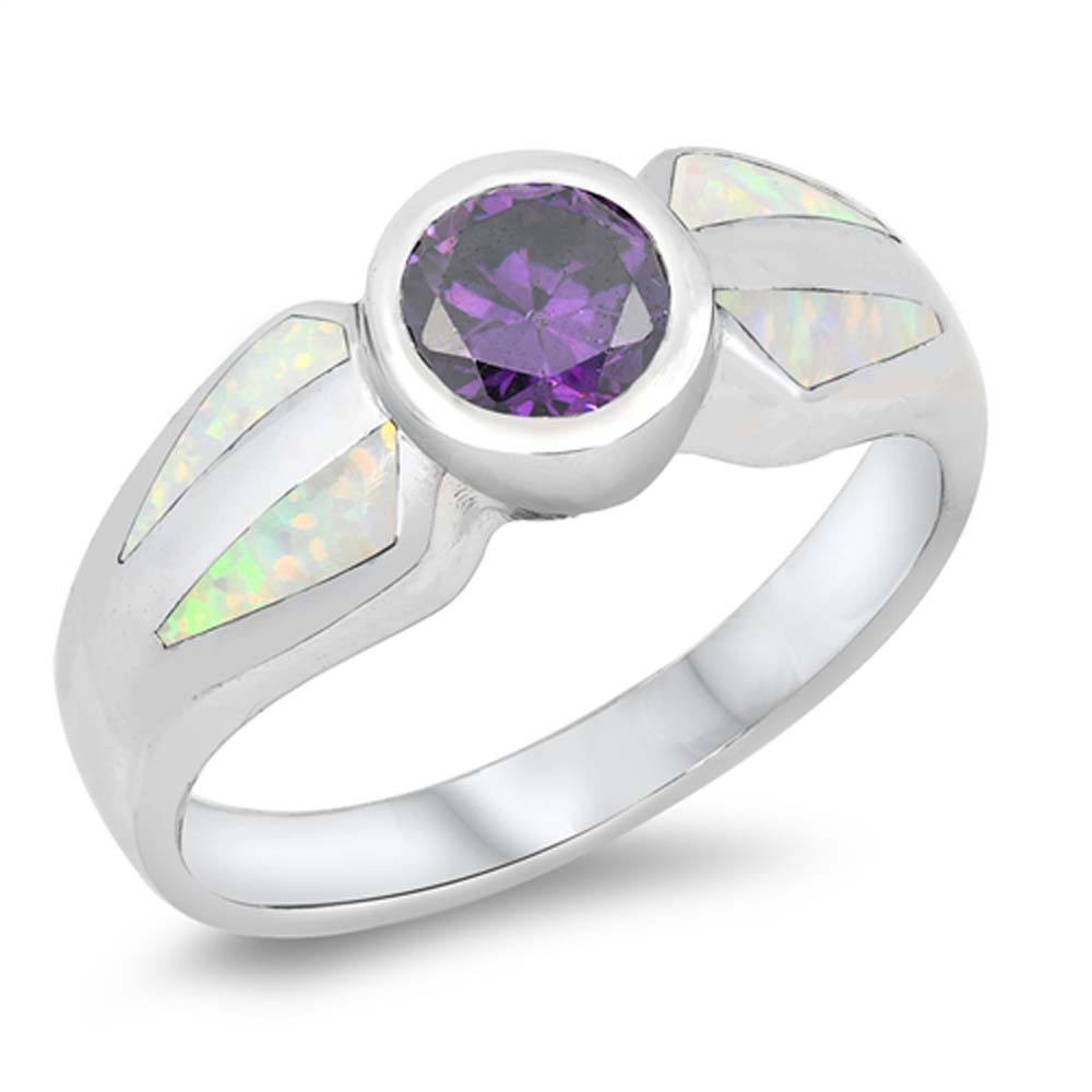 Sterling Silver Round White Lab Opal Rings With Blue Sapphire CZ StoneAnd Face Height 8mmAnd Face Width 19mm